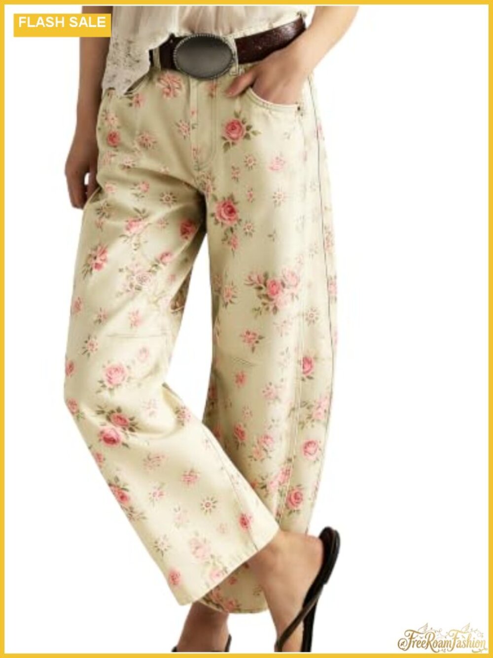 Baggy Floral Barrel Jeans Wide Leg High Waisted Denim Ankle Pants Y2K Trendy
